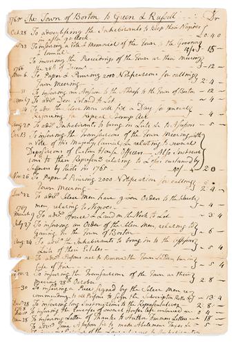 (AMERICAN REVOLUTION--PRELUDE.) Invoice to the Town of Boston for advertising pre-revolutionary content in the Boston Post Boy.                  